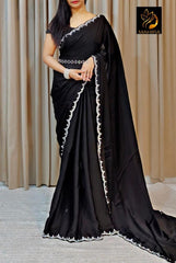 Beautiful Premium Satin Crape Crystal Stone Work Border Saree