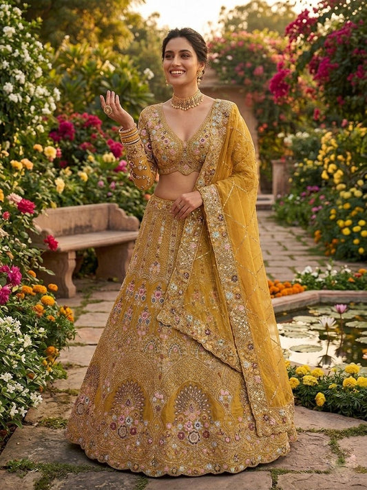 Wedding Wear Gold Crush Embroidery Sequence Work Lehenga Choli