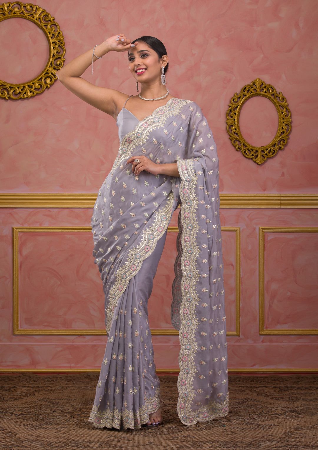 Diamond Chinon Silk with Heavy Embroidery Work Saree
