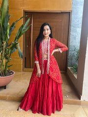 Festival Bandhej Embroidery Thared Work Lehenga Choli With Shrug