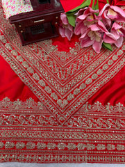 Red Bridal Special Japan Satin Thread & Coding Sequence Work Saree With Dupatta