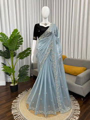 Partywear Fendy Silk Beads With Thread & Sequence Work Saree