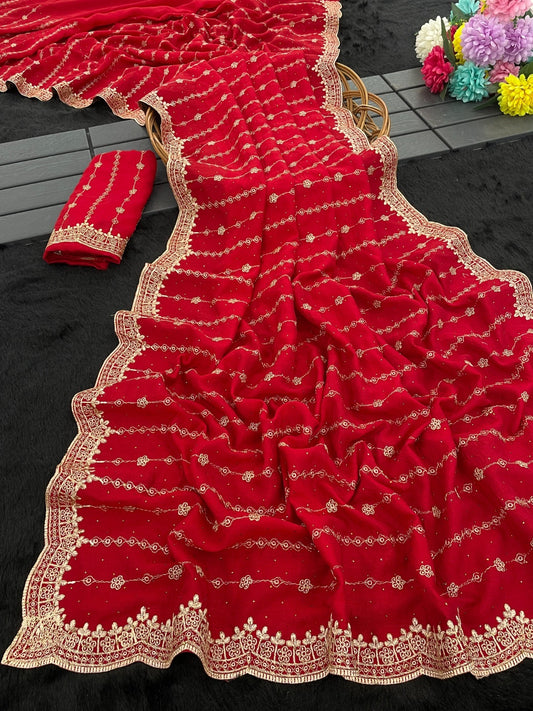 Party-wear Blooming Vichitra Silk Zari & Stone Work Saree