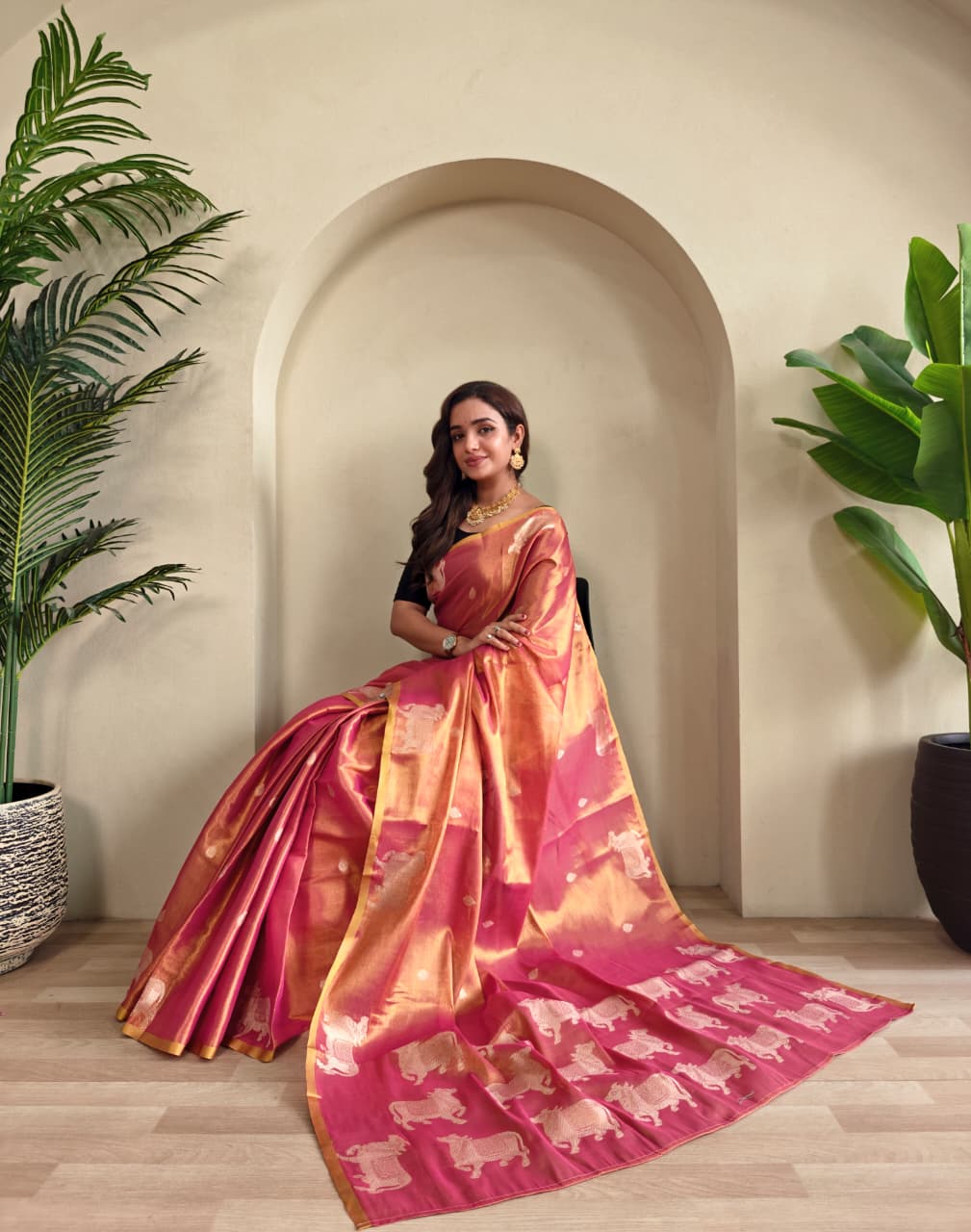 Beautiful Zari Tissue Weaving Tilak Buttis All Over Saree