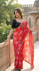 Beautiful Smooth Chinnon Embroidery Printed Work Saree