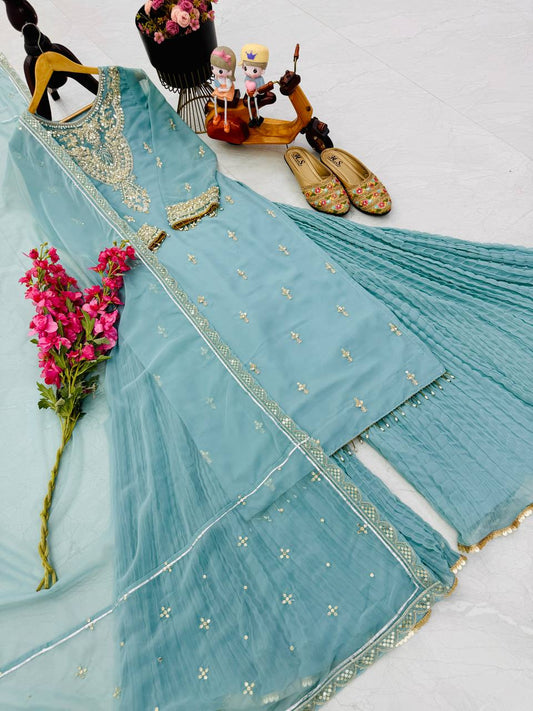 Beautiful Georgette Coding Sequence Embroidery Work Sharara
