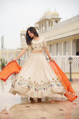 Festival Special Tissue Silk Embroidery Sequence Thread Work Lehenga With Stitched Blouse