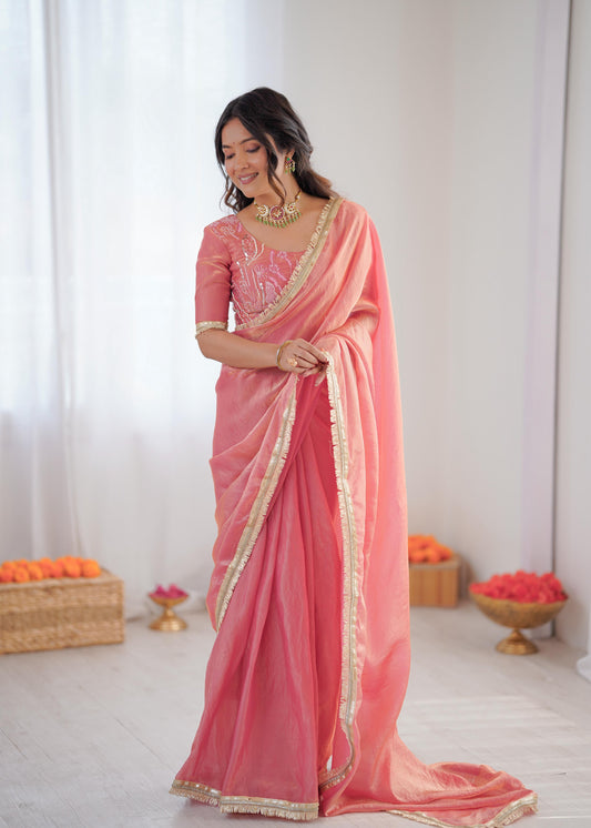 Elegant Fendy Silk Lace Border Peach Pink Ready-to-Wear Saree