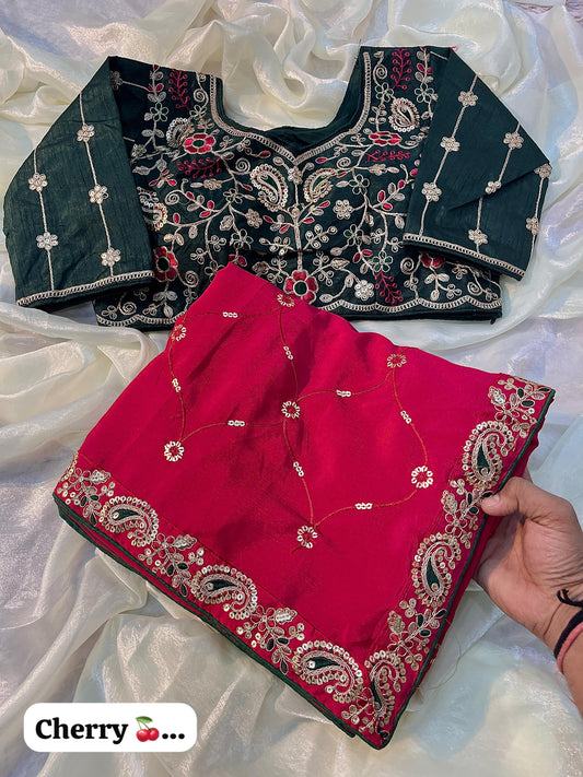 Beautiful Chinon Silk Sequence With Multi Coding Work Saree