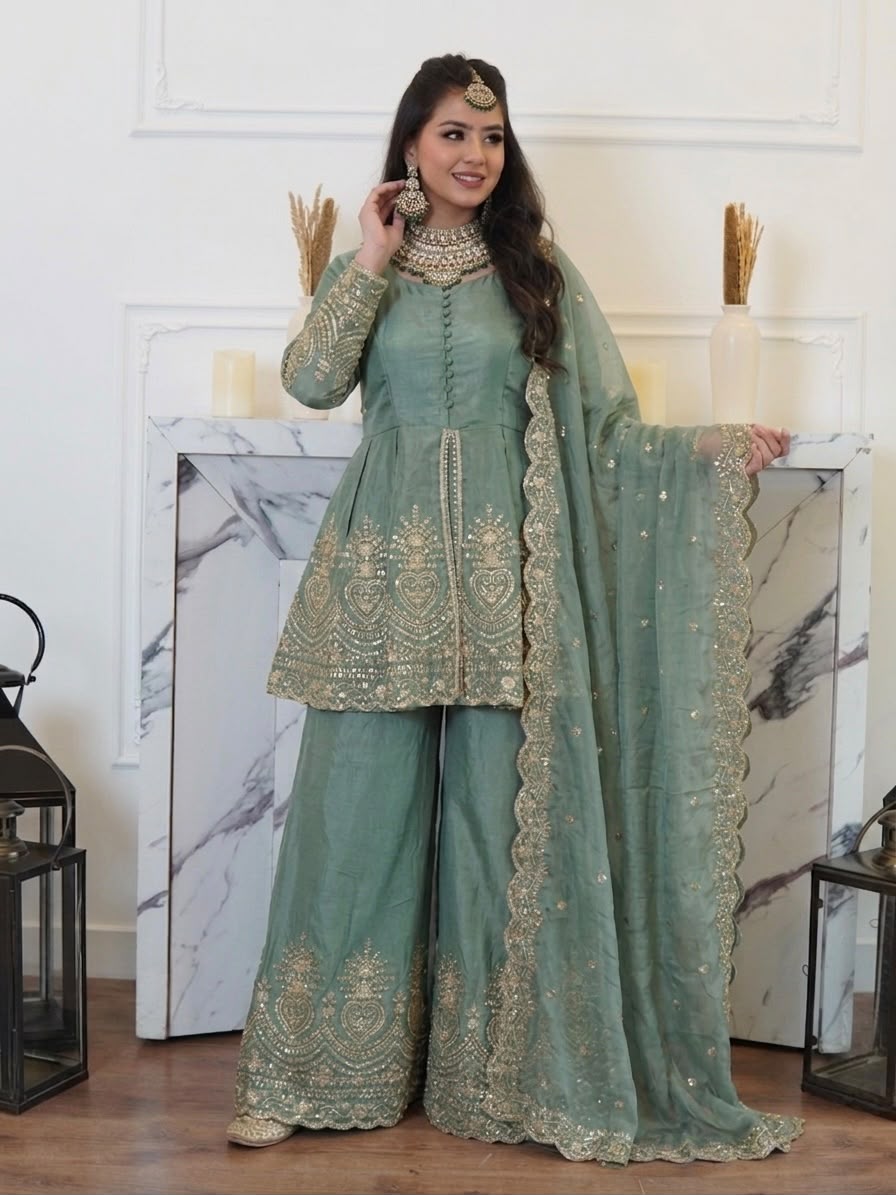 Trendy Stylish Fendy Silk Real Mirror With Embroidery Sequence Work Suit