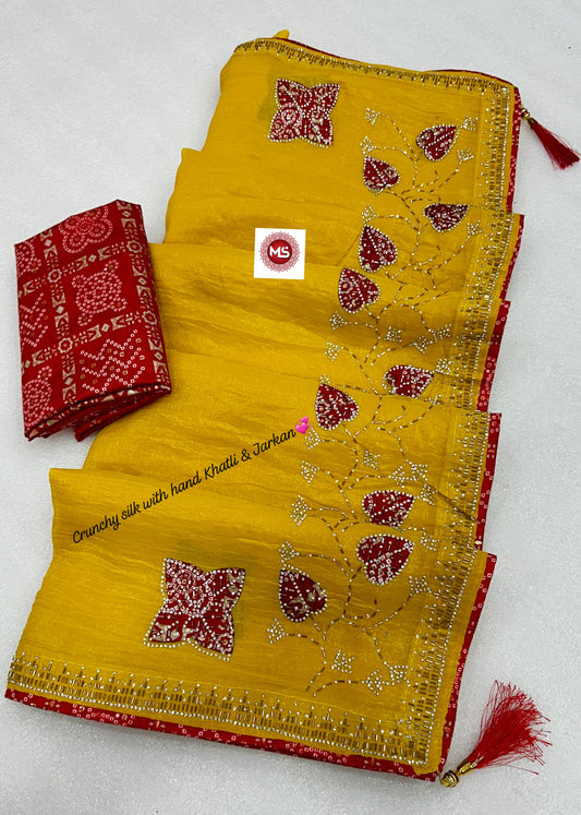 Festive Special Crunchy Silk With Bandhani & Jarkan Embroidery Work Saree