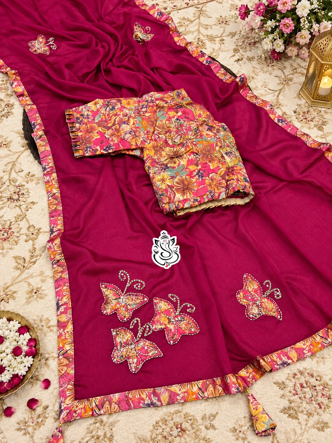 Elegant Chinon Silk Saree With Butterfly Handwork & fancy Lace Border Saree