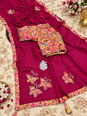 Elegant Chinon Silk Saree With Butterfly Handwork & fancy Lace Border Saree