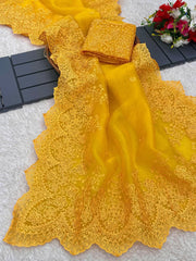 Party-wear Organza Silk Handcrafted Embroidery Work Saree