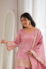 Festive Special Glass Roman Silk Embroidery Zari Sequence Work Farshi Salwar Suit