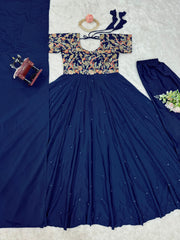 Beautiful Party-wear Natural Crep Thread With Sequence Work Gown