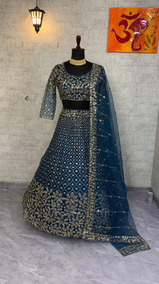 Party-wear Flared Butterfly Net Embroidery & Sequence Work Lehenga Choli