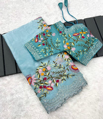 Beautiful Jimmy Choo Thread & Embroidery Work Designer Saree With Stitched Blouse