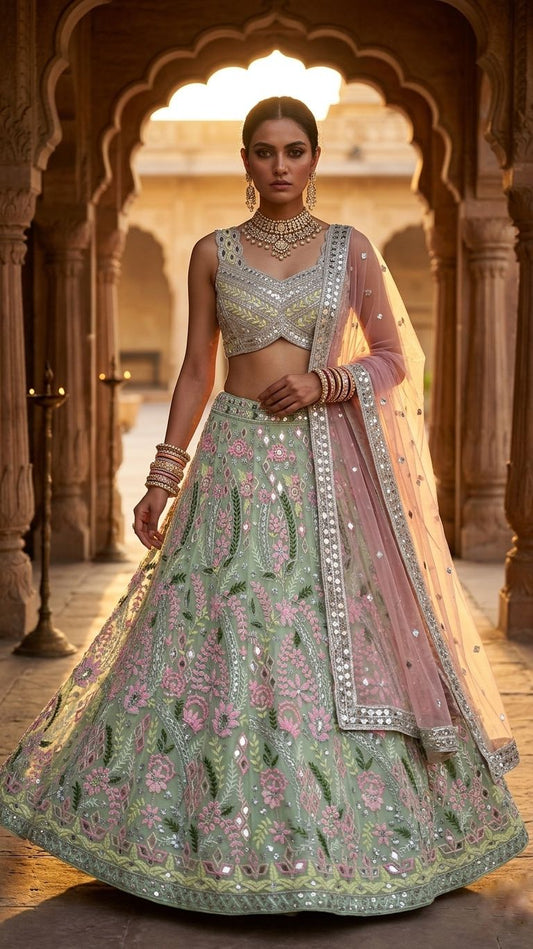 Party-wear Net Real Mirror With Embroidery Sequence Work Lehenga Choli