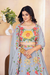 Beautiful Grey Vibrant Floral Sequence & Thread Embroidery Work Lehenga Choli