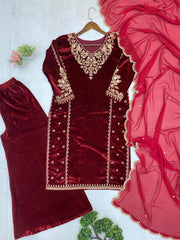 Winter Special Velvet Embroidery Work Suit