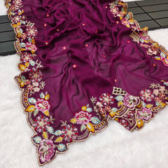Designer Cutwork Embroidery Noha Crush Saree With Mono Silk Blouse