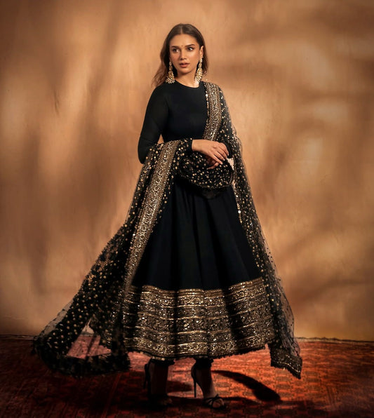Beautiful Black Embroidery Sequence Work Gown
