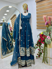 Designer Party-wear Gold Crazy Embroidery & Lace Work Suit