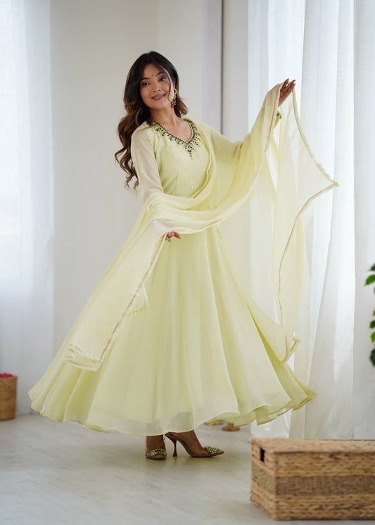 Beautiful Georgette Handwork Neck Sleeve Gown