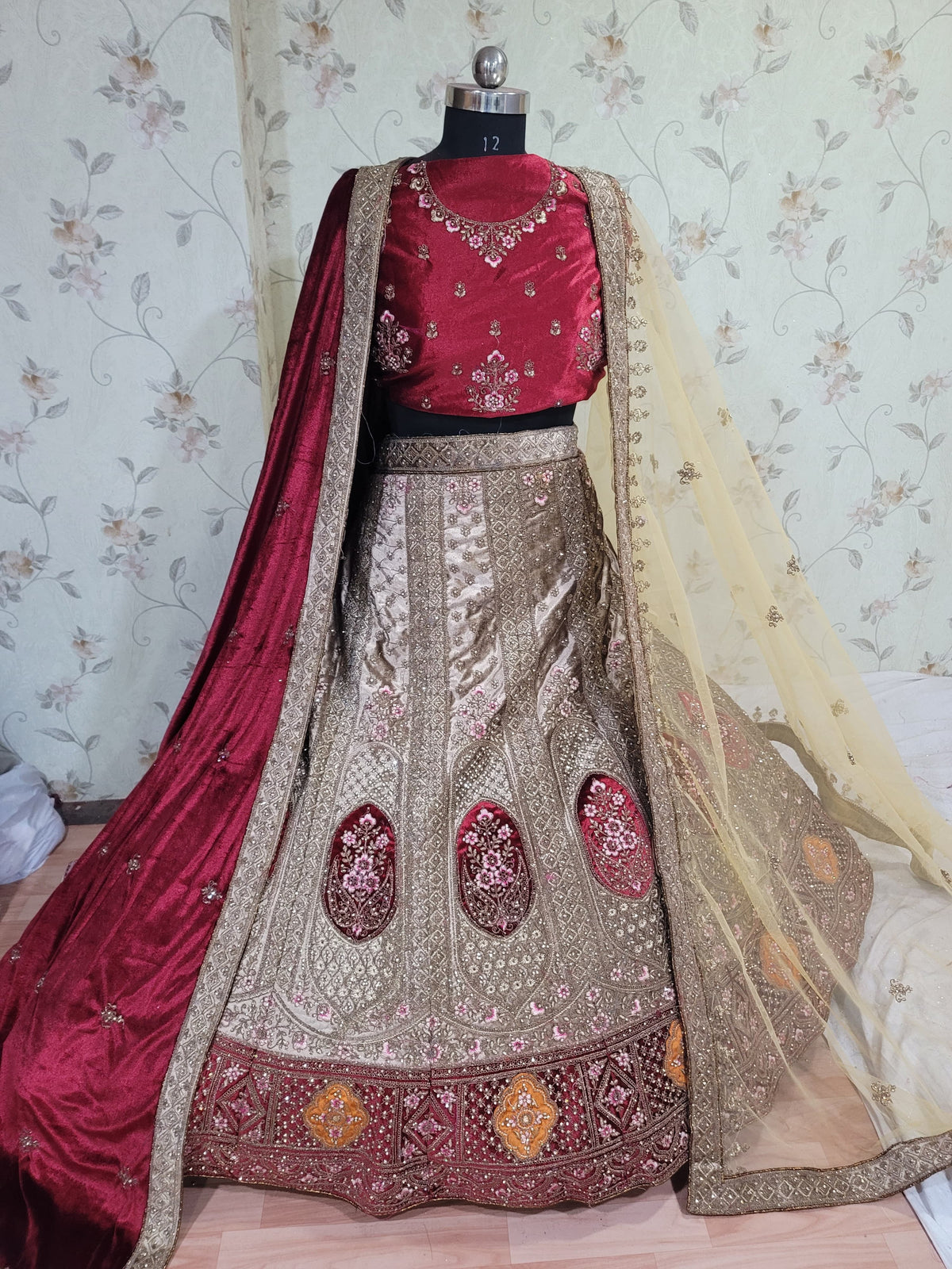 Heavy Pure Lycra Velvet Zarkan Work Colour Double Duppata & Double Cancan Bridal Lehenga Choli