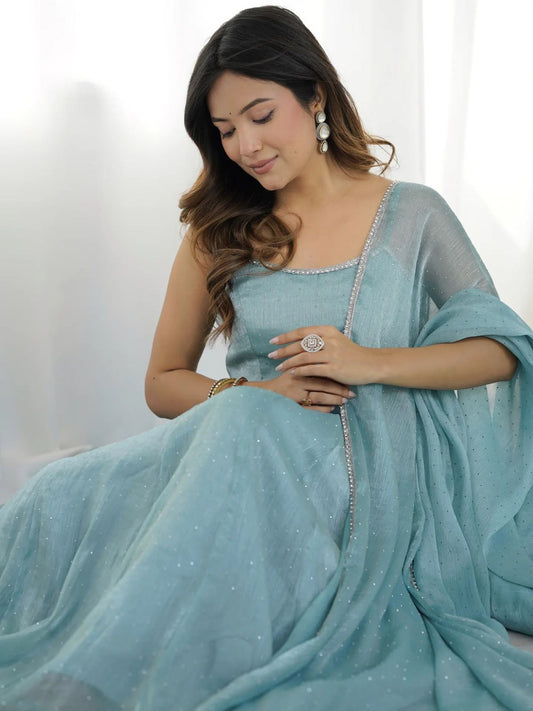 Fairy-tale Bluesy Crunch Silk Hot-fixing Work Gown