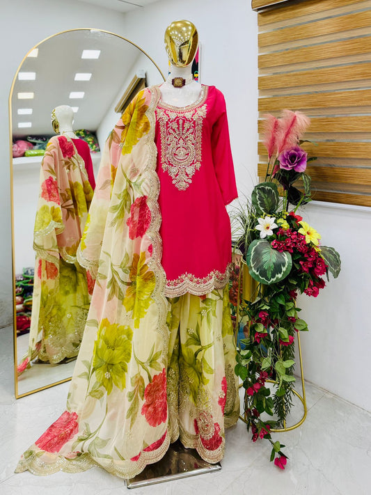 Party-wear Chinon Silk Codding Embroidery Sequence Work Suit