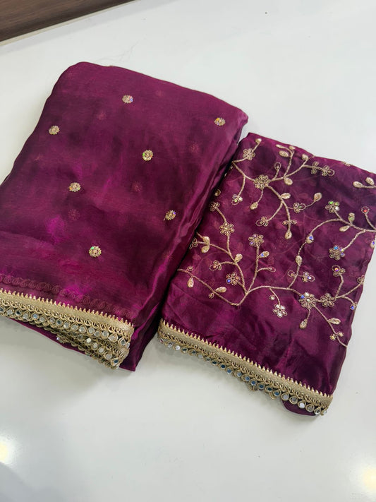 Party-wear Space Satin Multi Sequence With Real Mirror Lace Saree