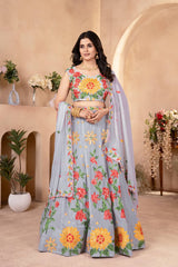 Beautiful Grey Vibrant Floral Sequence & Thread Embroidery Work Lehenga Choli