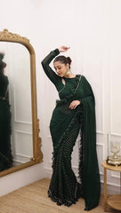 Party-wear Green Designer Georgette Digital Printed With Ruffle Ready To Wear Saree