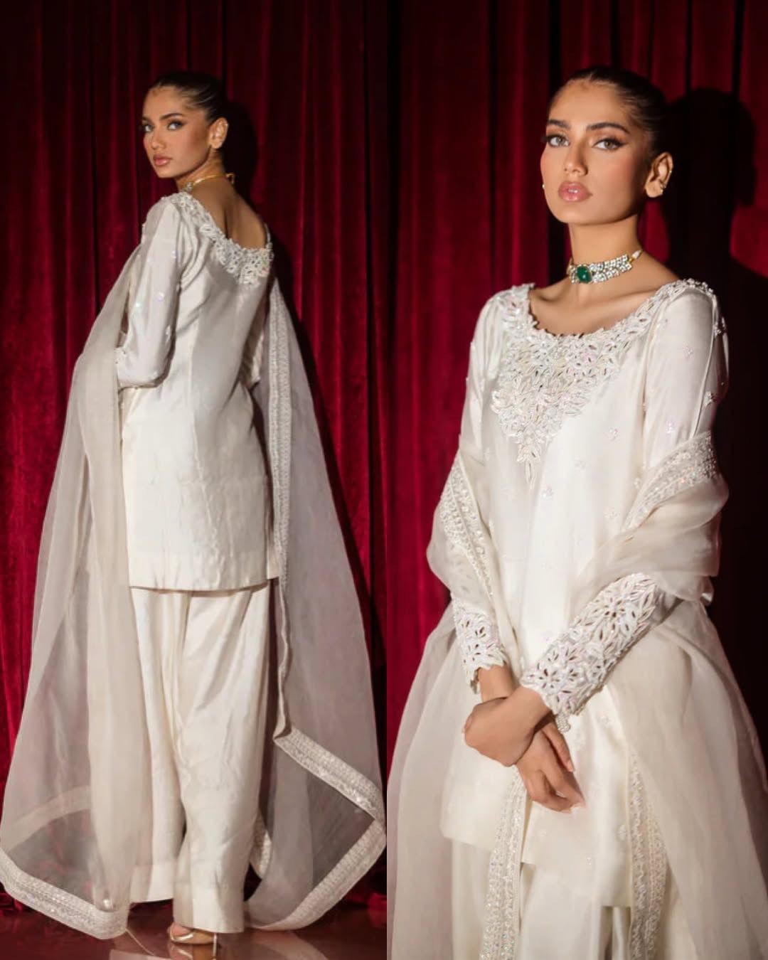 Beautiful White Elegance Natural Crepe Thread With Sequence Work Sharara