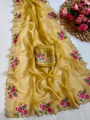 Beautiful Fendy Silk Satin Zarkhan Diamond With Flower Printed Saree
