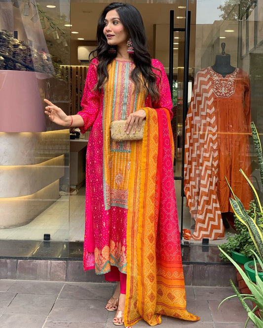 Party-wear Modern Multi Coloured Soft Muslin Original Mirror Work Salwar Suit