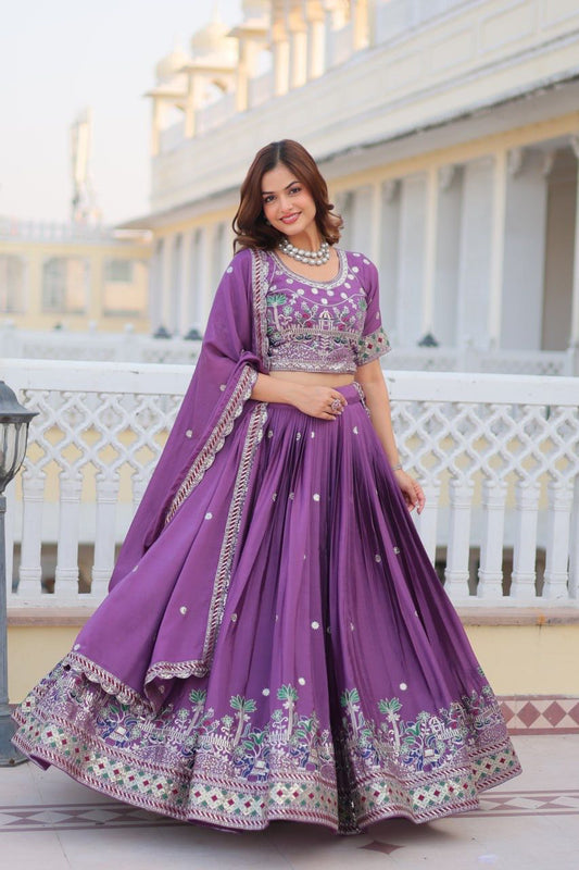 Beautiful Pure Chinon Silk Embroidery Sequence & Thread Work Lehenga Choli