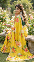 Beautiful Smooth Chinnon Embroidery Printed Work Saree
