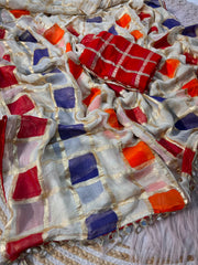 Beautiful Soft Viscose Off White Multicolour Checks & Box Print Golden Zari Weaving Saree