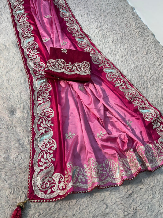 Beautiful Peding Chinon Multi Work & Butta In Whole Saree