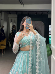 Beautiful Softness Of Pastel Blue Sequence & Thread Embroidery Work Lehenga Choli