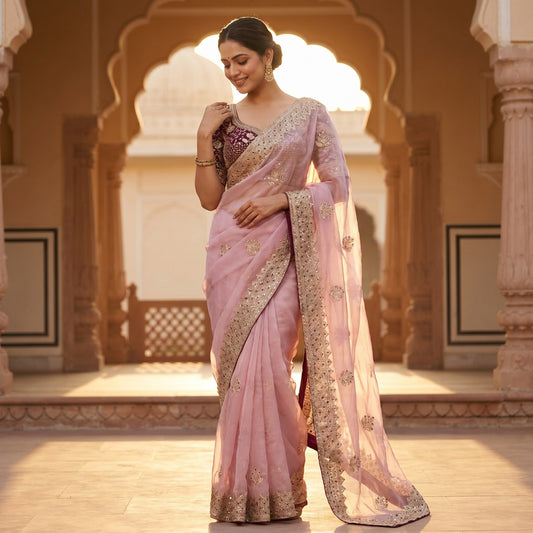 Designer Fendy Satin Embroidery Sequence Work Saree