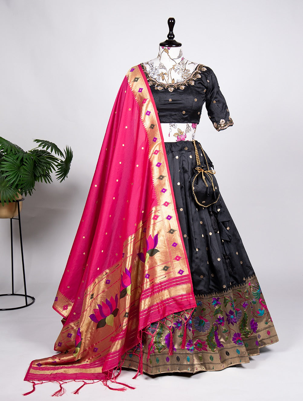 Mesmerizing Black Jacquard Silk Paithani Zari Weaving Work Lehenga Choli