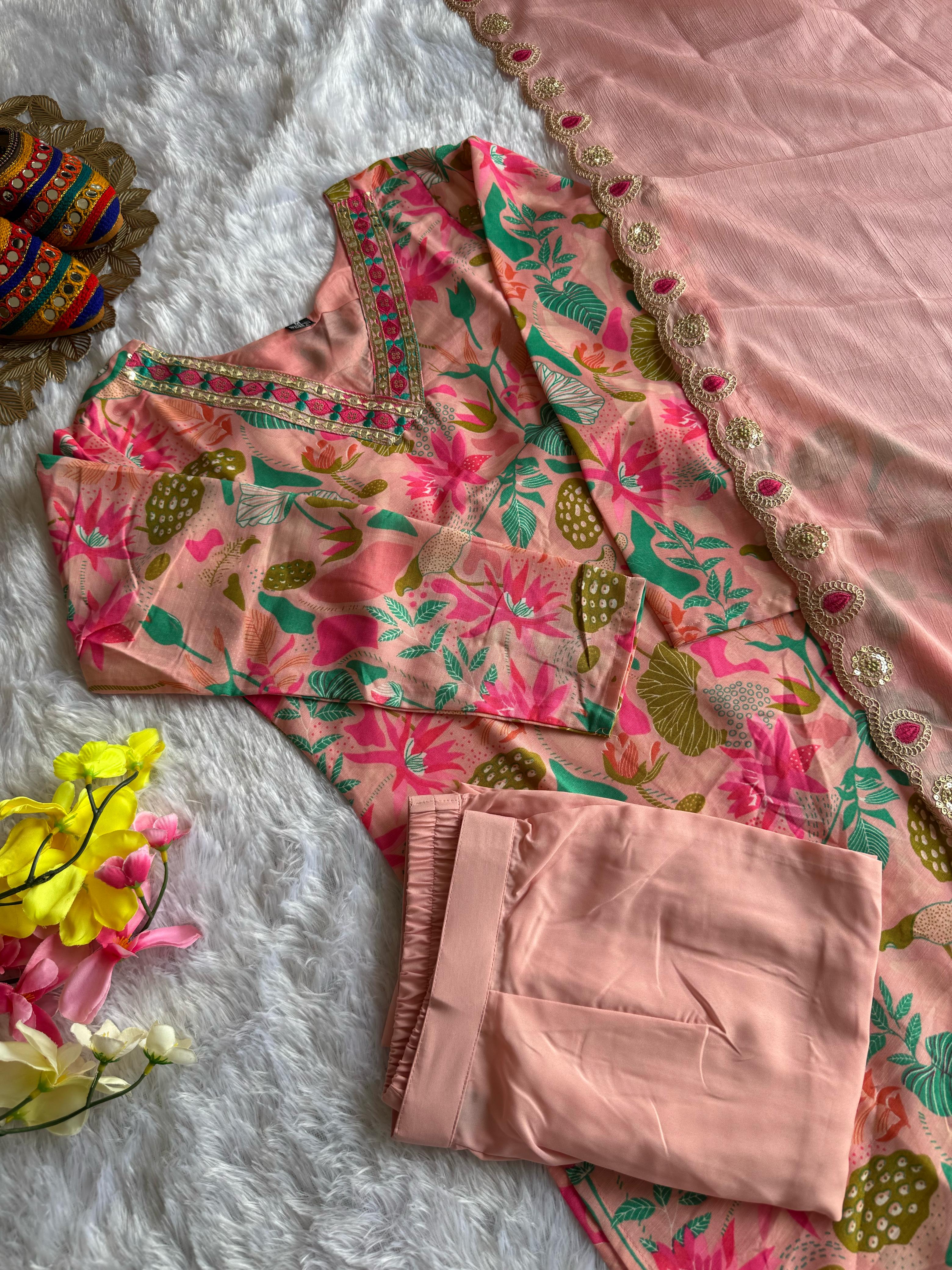 Designer Pink Printed Embroidery Work Salwar suit