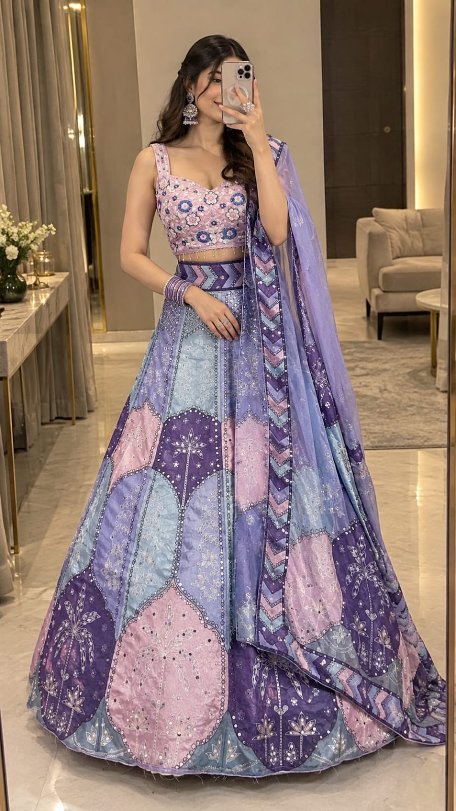 Party-wear Chinon Silk Digital Print With Real Mirror Work Lehenga Choli