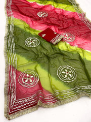 Beautiful Tie & Dye Lehariya Patta Dyeing & Hand Charkhi Gotta Work Saree