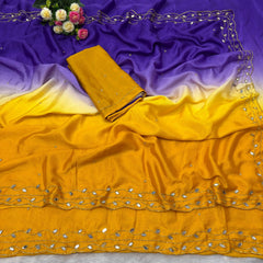 Beautiful Pure soft Chinon Peding Katdana Moti With Real Mirror Work Saree
