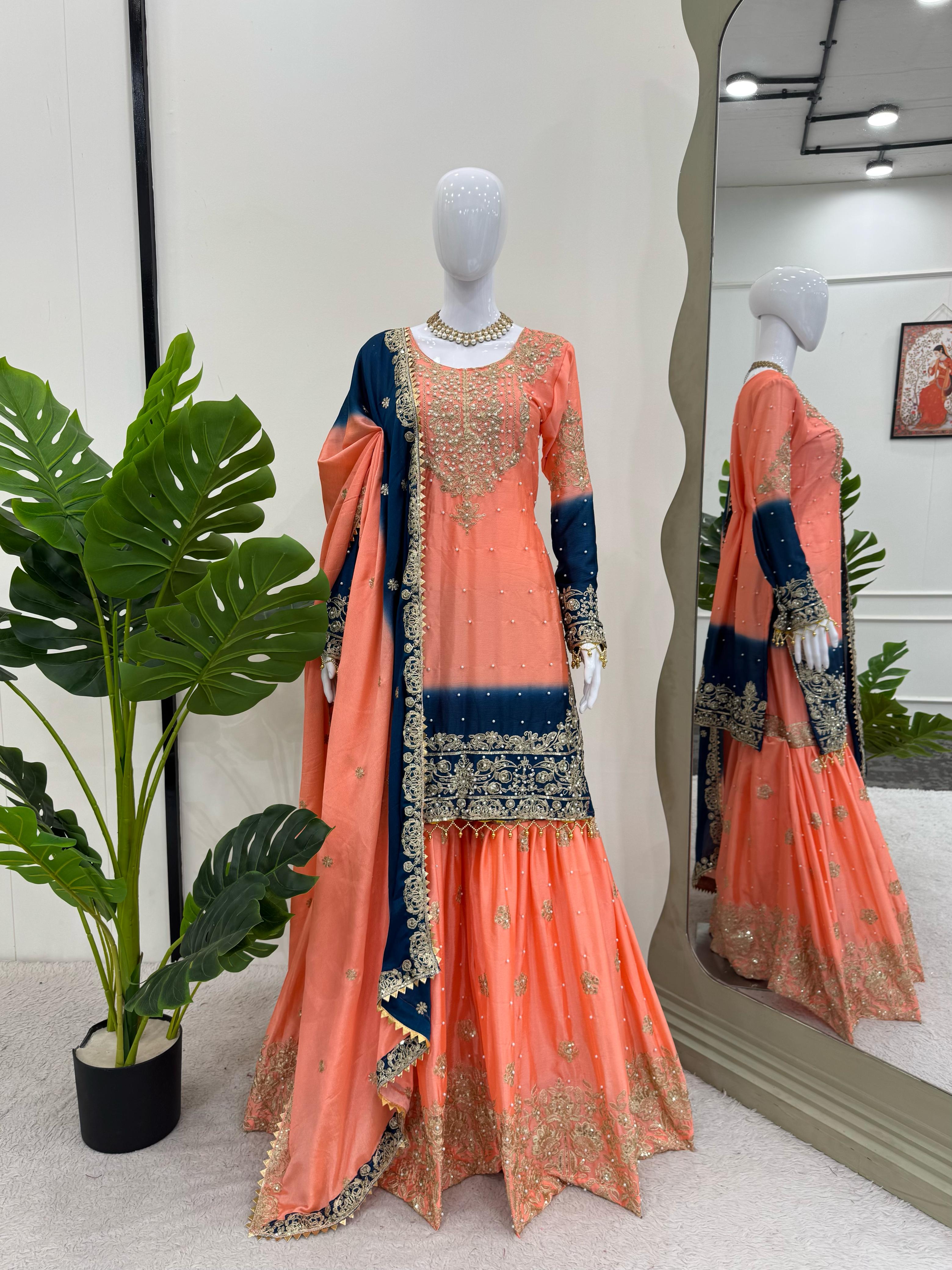 Beautiful Designer Chinon Silk Sequence With Rivet Moti Work Sharara